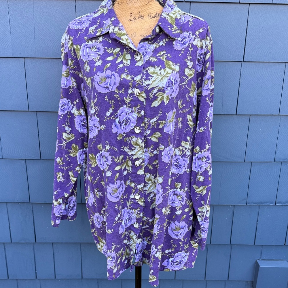 Vintage Purple Floral Women's Top Main Street Blues XL cotton flannel